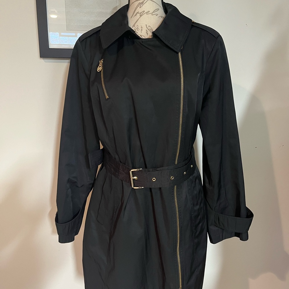 Michael Michael Kors Black Zippered Trench Coat with Gold Buttons & Zipper Sz XL